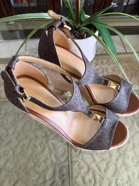 MICHAEL Michael Kors Brown Tan Logo Espadrille Wedge Sandals